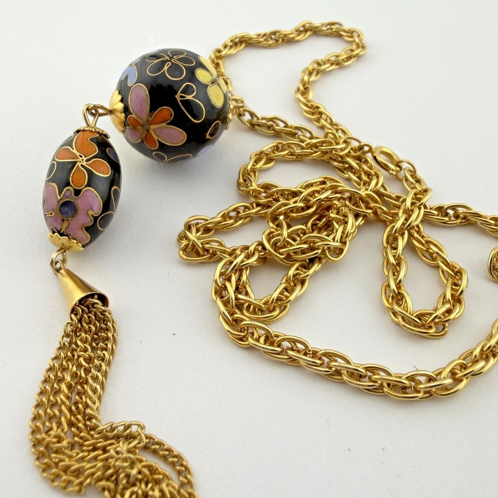Vintage Cloisonne Enamel Floral Bead Tassel Necklace Long Gold Tone Chain‎ 26" - Picture 5 of 10